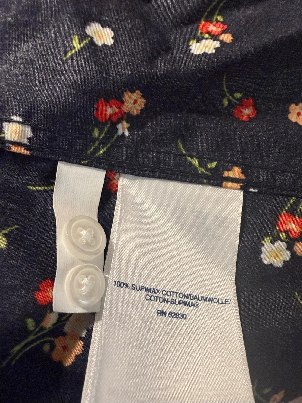 NWOT Lands' End Black Button-Down Shirt with Red and Yellow Floral Sprig Print